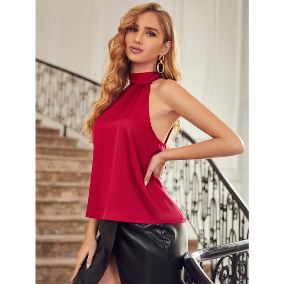 High Neck Satin Halter Top Tank black - Picture 8 of 11